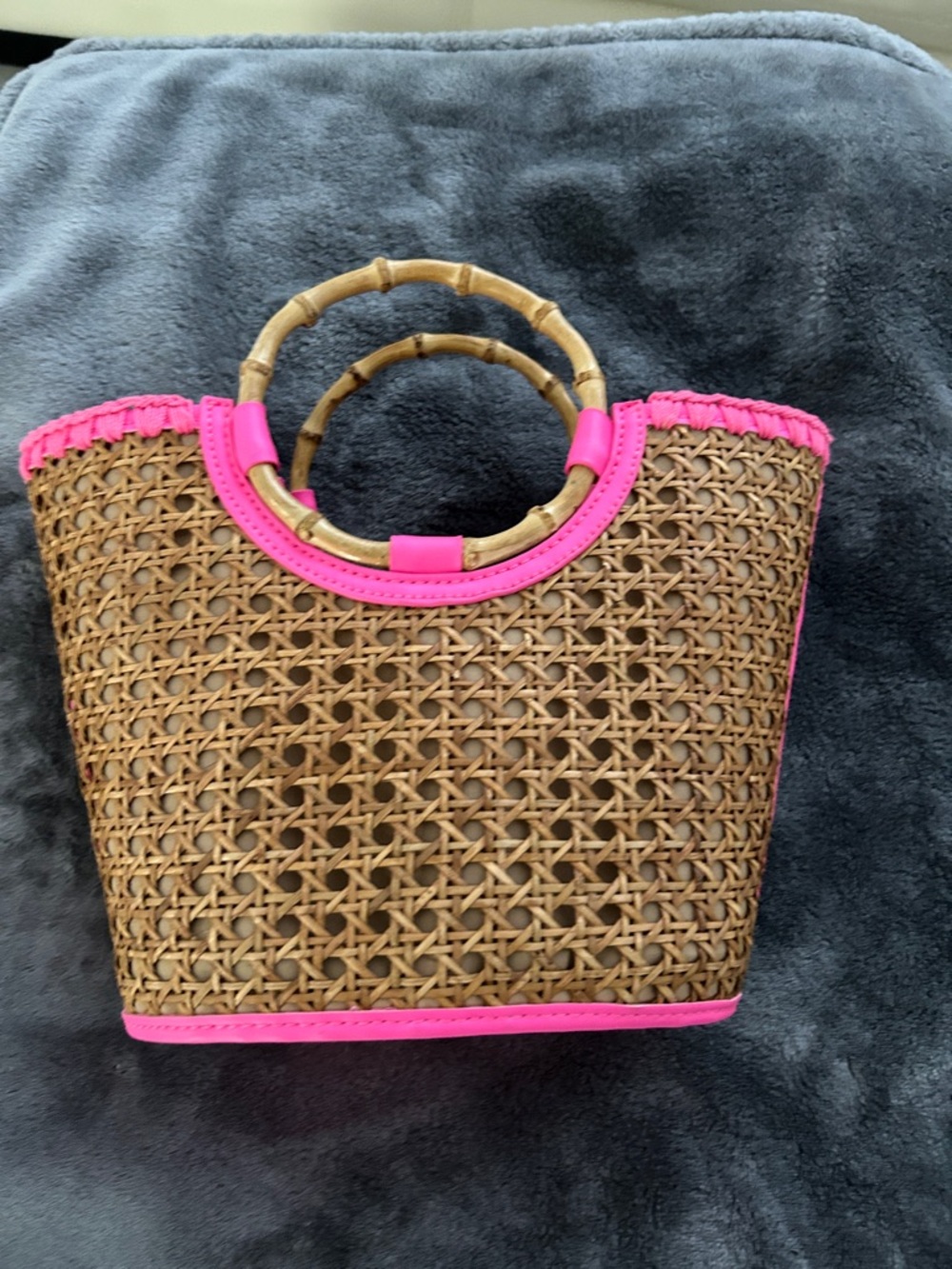 Lilly Pulitzer Mini Woven Bamboo Tote with Hot Pink Trim - Picture 2 of 3